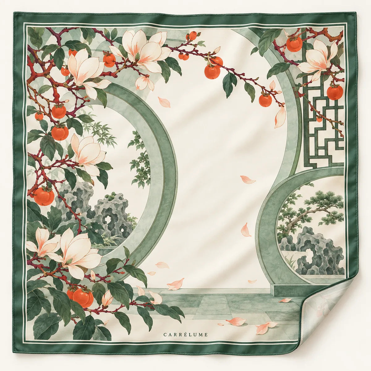 Jade Courtyard 90 cm square silk scarf, full design