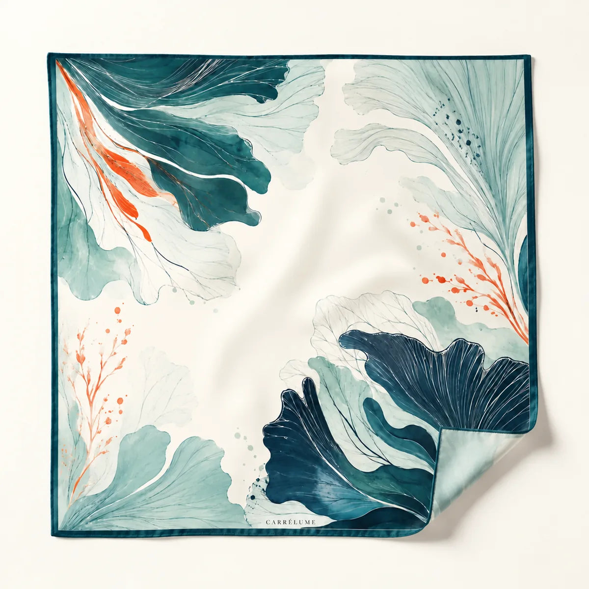 Tidal Bloom 90 cm silk scarf — full print with CARRÉLUME signature